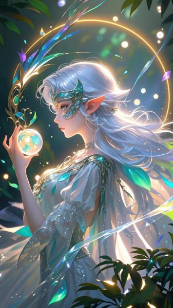 银发精灵手持魔法光球，梦幻森林中的仙侠玄幻风