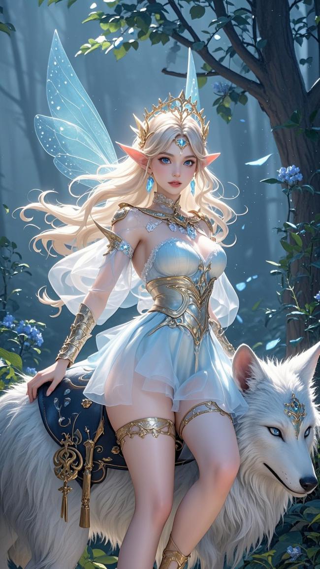 精灵少女骑白狼穿梭幻境森林