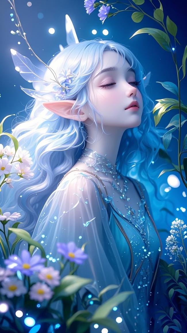 蓝发精灵少女闭目花海中