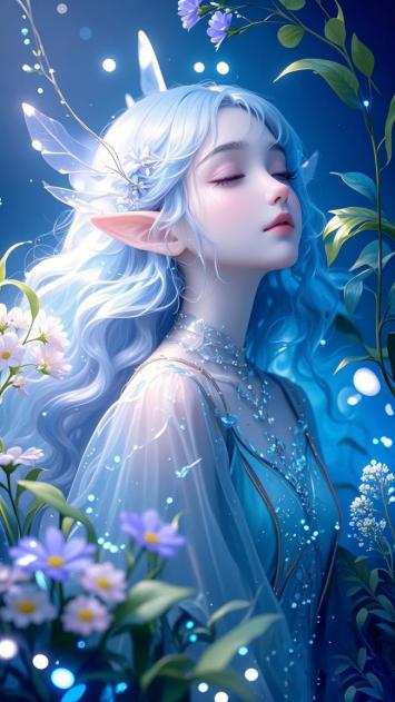 蓝发精灵少女闭目花海中