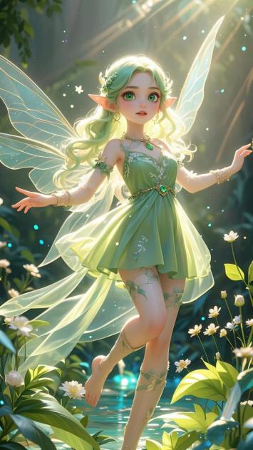 绿翼精灵林间起舞，光影梦幻如童话