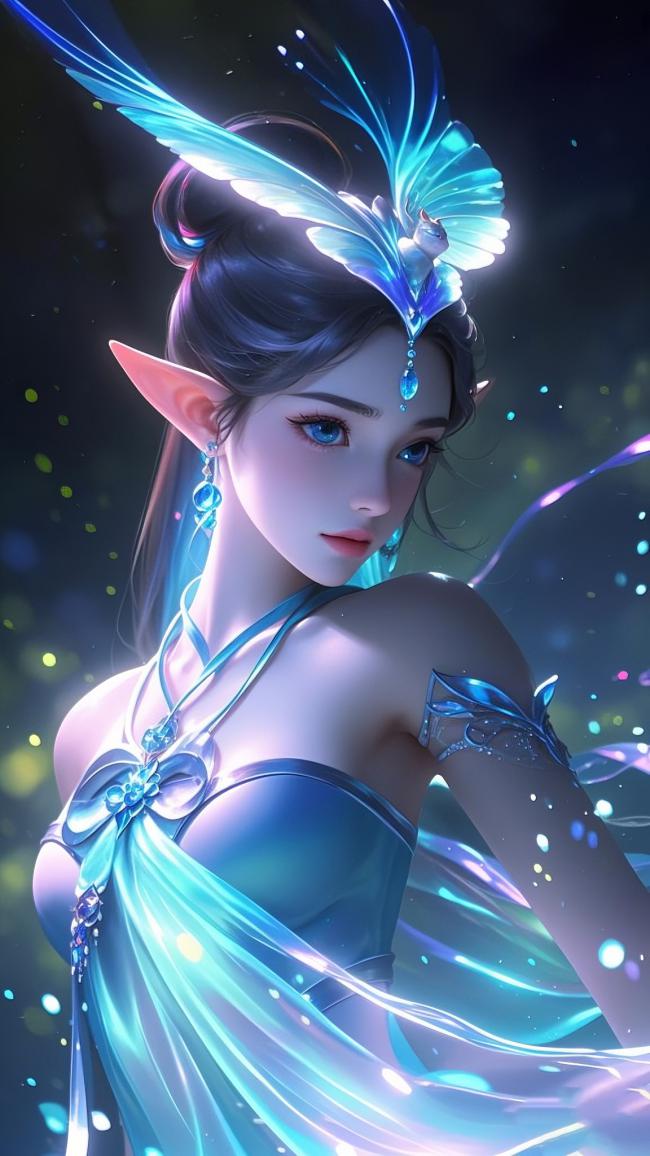 蓝羽精灵少女3D幻想插画