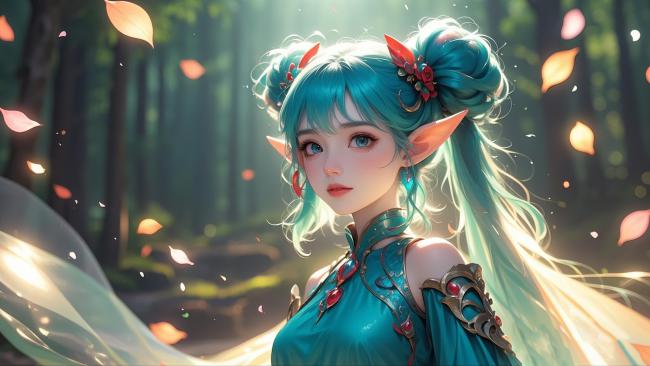 蓝发精灵少女森林写真动漫风格插画
