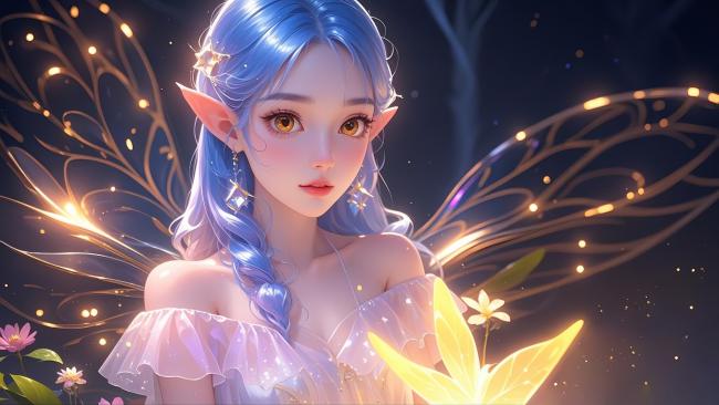 蓝发精灵少女梦幻光翼插画