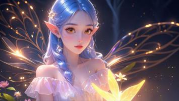 蓝发精灵少女梦幻光翼插画