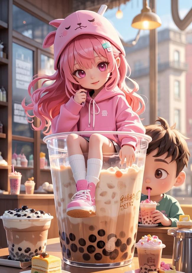 萌系少女坐奶茶杯，咖啡馆甜蜜日常