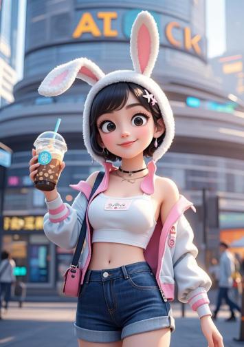 二次元少女街头奶茶照，兔耳帽萌翻天
