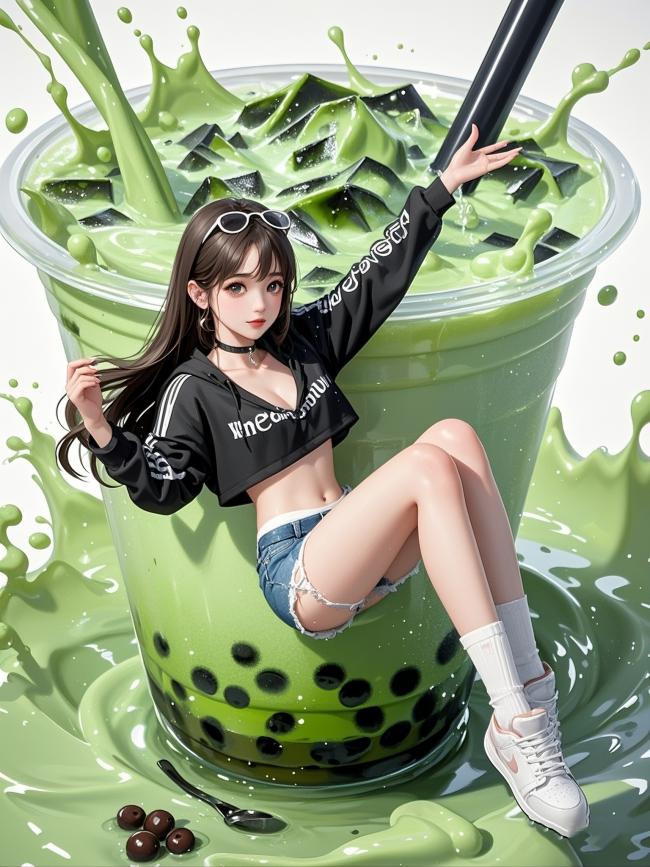 二次元少女坐进抹茶奶茶杯的梦幻插画