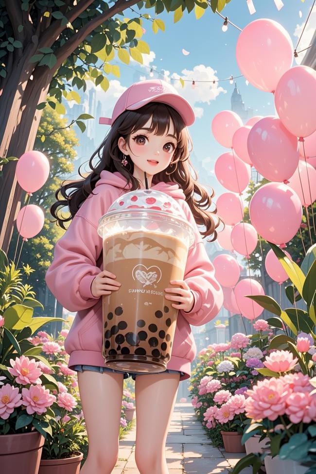 粉嫩少女手捧奶茶，气球花径梦幻场景