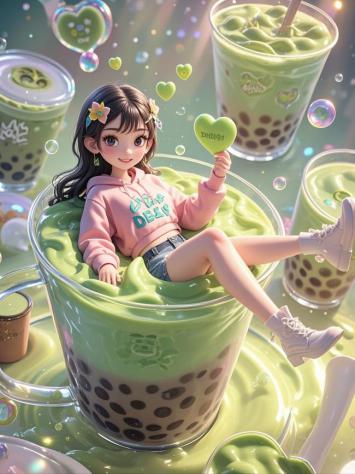 动漫少女泡在奶茶杯里，治愈系甜品插画