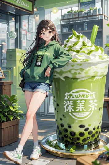 动漫少女与巨型抹茶奶茶街头写真