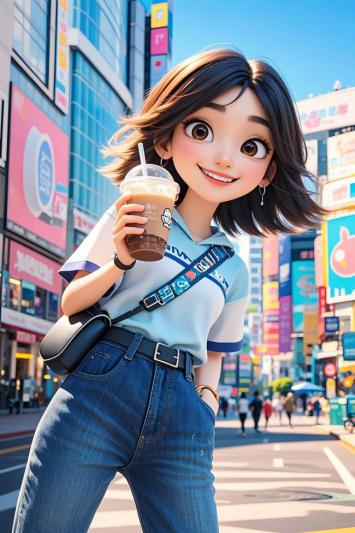都市少女手握奶茶，赛璐璐动漫街头写真