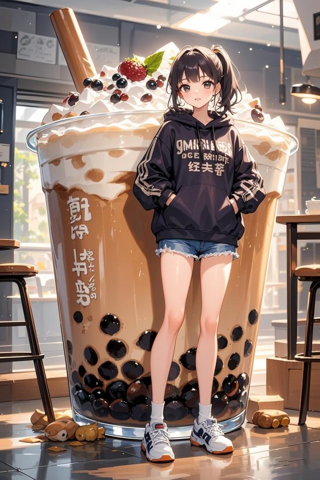 动漫少女与巨型奶茶的可爱互动场景