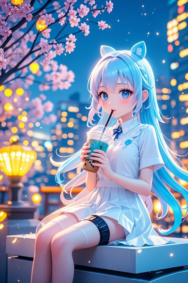 蓝发猫耳少女夜樱奶茶时光