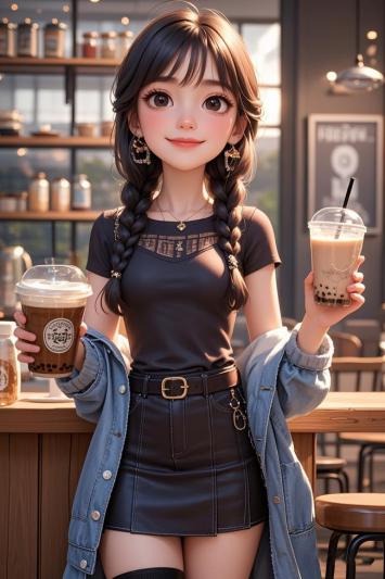 二次元少女手捧奶茶咖啡厅写真