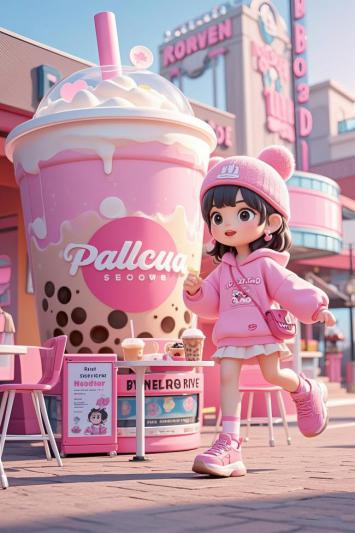 粉色少女跑过奶茶店的动漫街头场景
