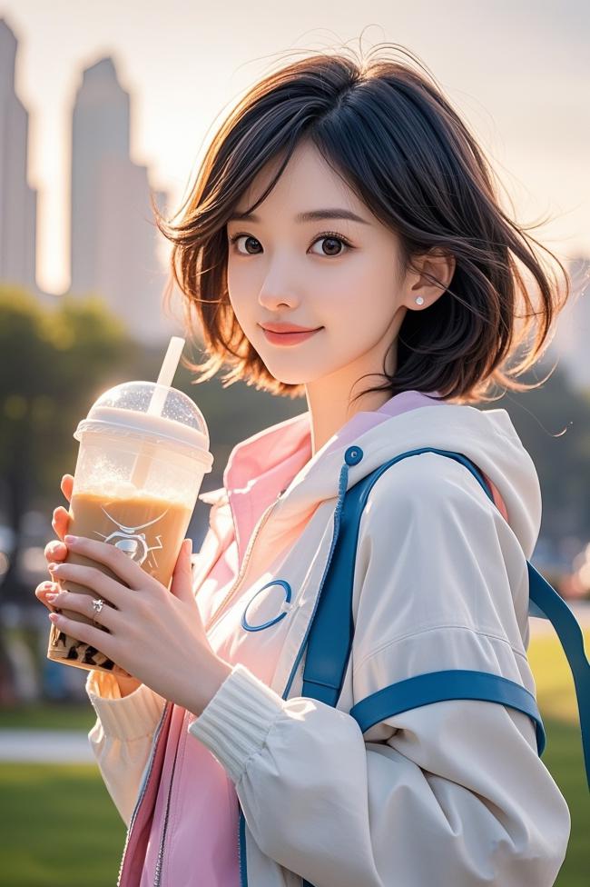都市少女手持奶茶微笑写真