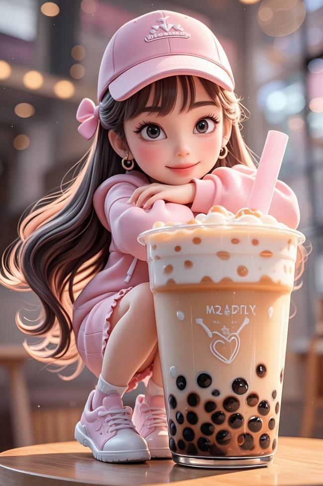 粉嫩少女捧奶茶，二次元治愈系插画
