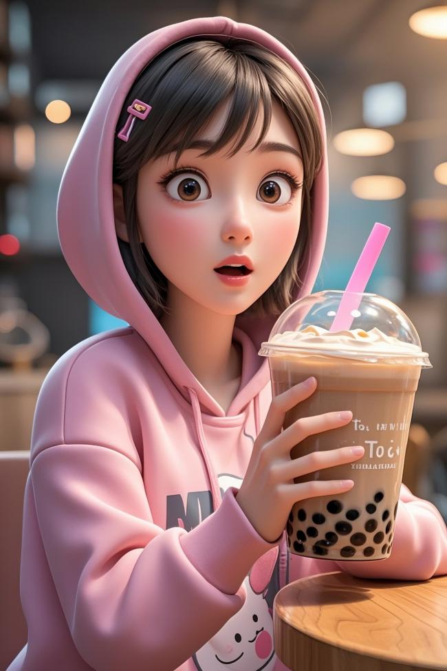 二次元少女手捧奶茶的可爱瞬间