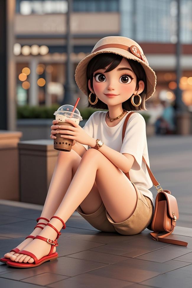 二次元少女街拍手绘插画