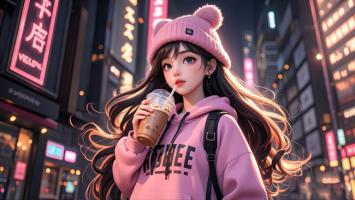 一位身穿粉色连帽卫衣、头戴毛绒球帽的年轻少女站在霓虹闪烁的赛博朋克都市街头，手持