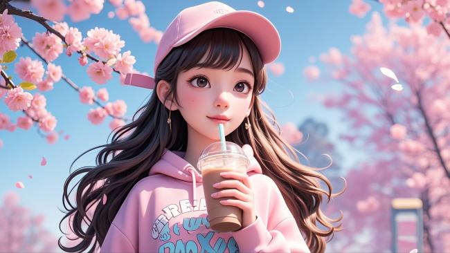 樱花少女手捧奶茶动漫写真
