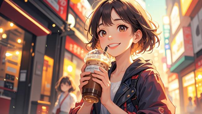 夜市少女手捧奶茶，日漫风格街景插画