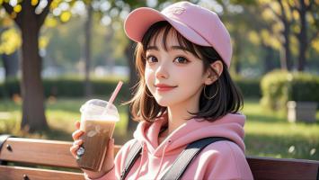 粉色少女公园写真，温柔笑容治愈系