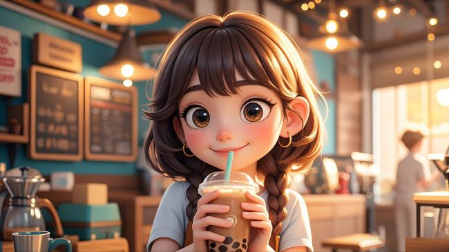 萌系少女咖啡馆喝奶茶插画