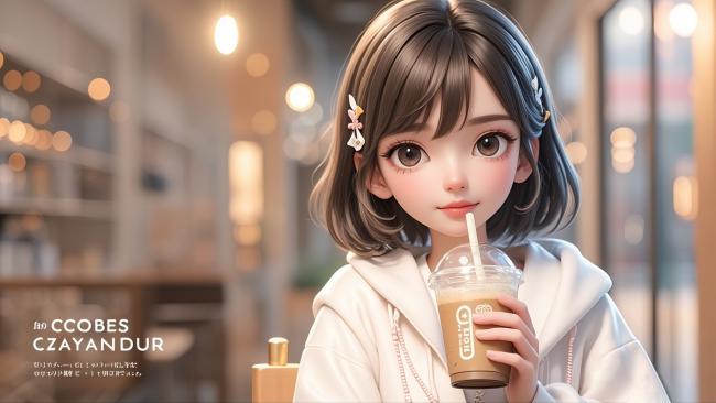二次元少女手捧奶茶治愈系插画