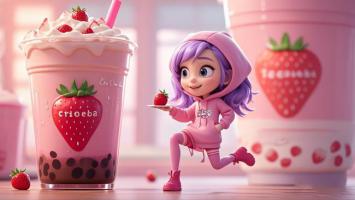 粉色少女手捧草莓奶茶插画