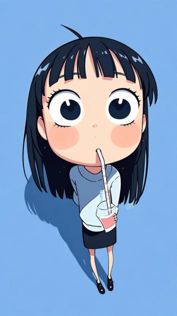 Q版动漫少女喝饮料插画