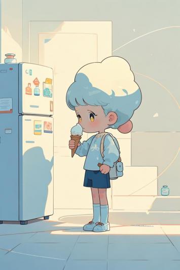 蓝发少女吃冰淇淋的治愈插画
