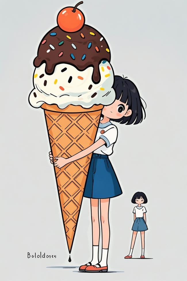 动漫少女抱巨型冰淇淋插画