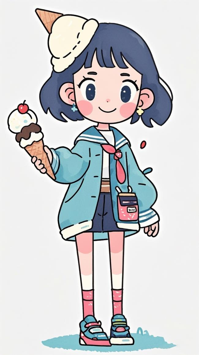 动漫少女手持冰淇淋甜筒插画