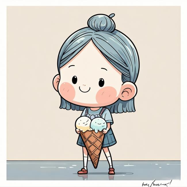 萌系蓝发少女手捧双球冰淇淋插画