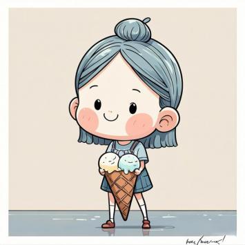 萌系蓝发少女手捧双球冰淇淋插画