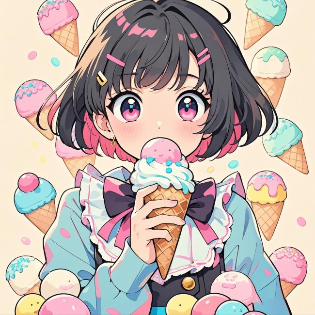 萌系少女吃冰淇淋插画，日漫风格甜美治愈