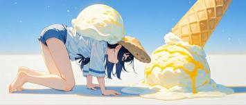 夏日海滩上的冰淇淋少女动漫插画