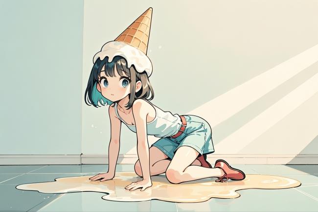 冰淇淋少女趴地萌趣插画