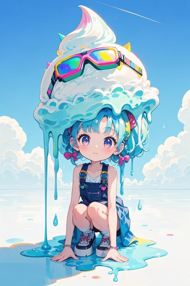 冰激凌少女动漫插画，萌系赛博风