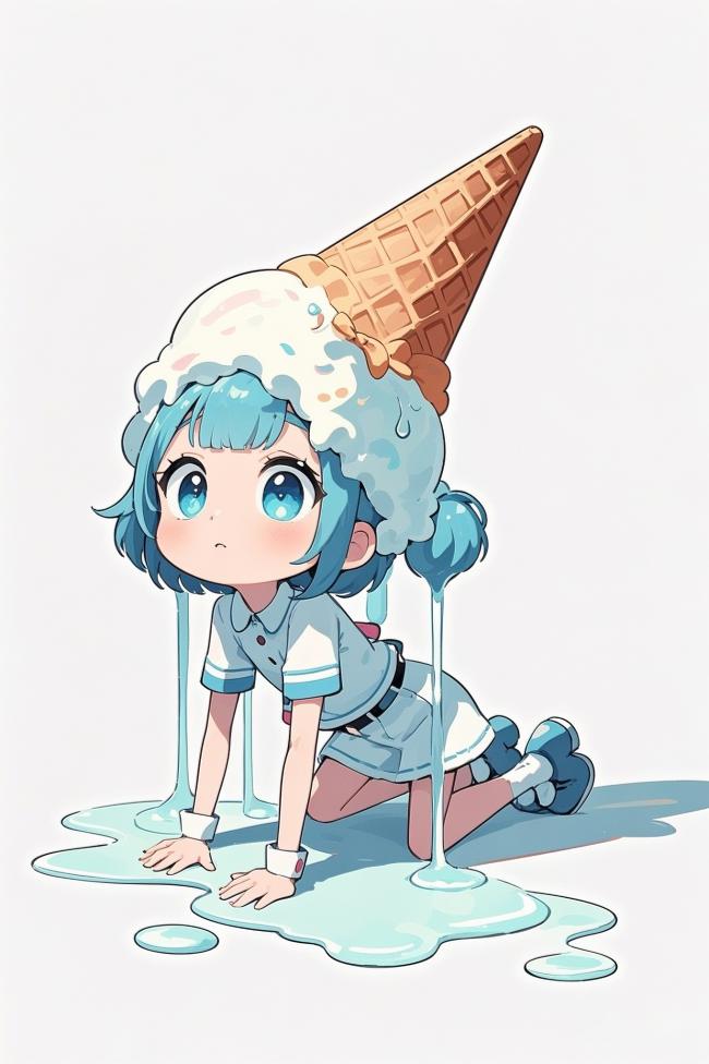 蓝发少女冰淇淋融化萌系插画
