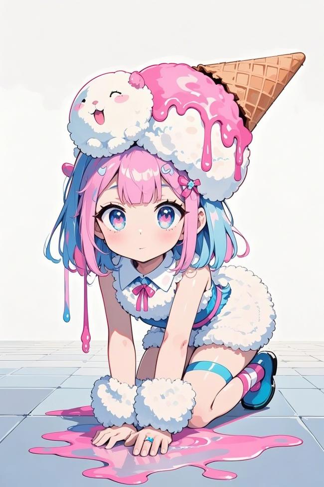 双色头发少女吃冰淇淋插画