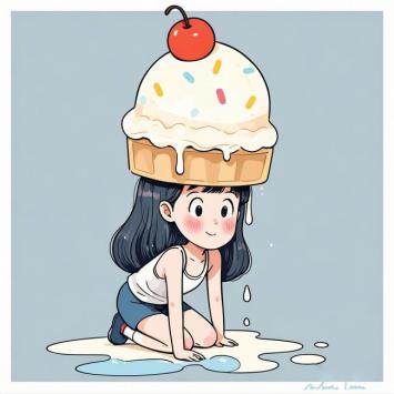 头顶冰淇淋的可爱少女插画
