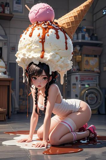 二次元少女头顶巨型冰淇淋甜筒街头写真