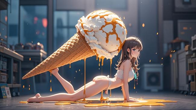 动漫少女撑巨型冰淇淋甜筒，甜腻梦幻场景