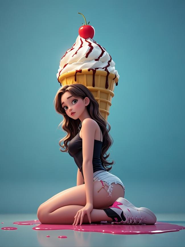 少女头顶冰淇淋甜筒的二次元插画
