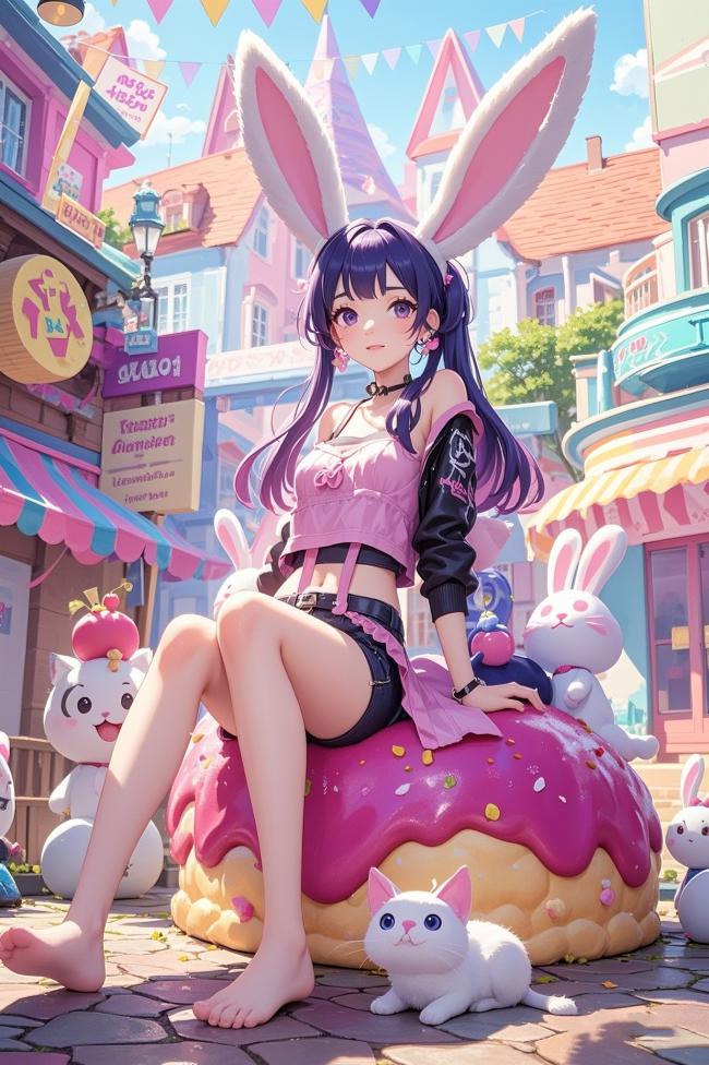 兔耳少女坐甜甜圈街景插画