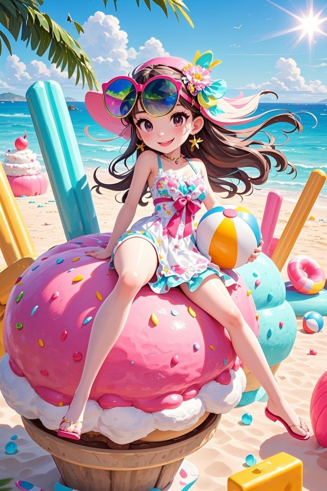 夏日甜心动漫少女坐冰淇淋岛 ️
