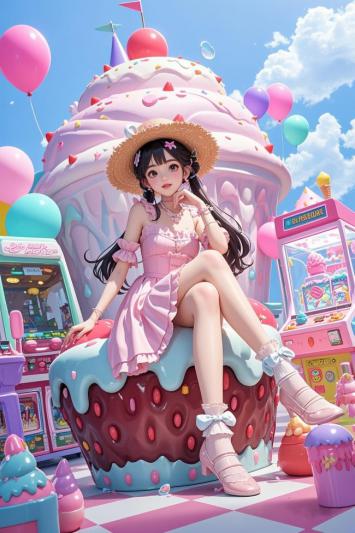 甜心少女坐巨型蛋糕，游乐园梦幻场景